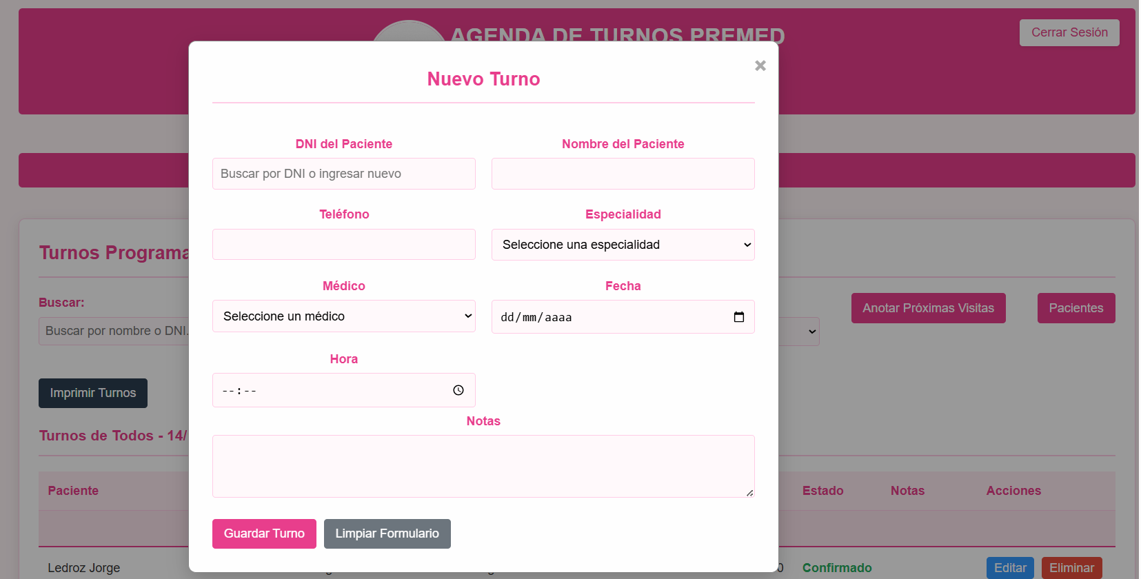 Modal de Registro de Nuevo Turno
